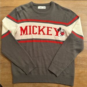 NWT Mickey Mouse Sweater Mens L Gray Red Crewneck Knit Preppy New Unisex